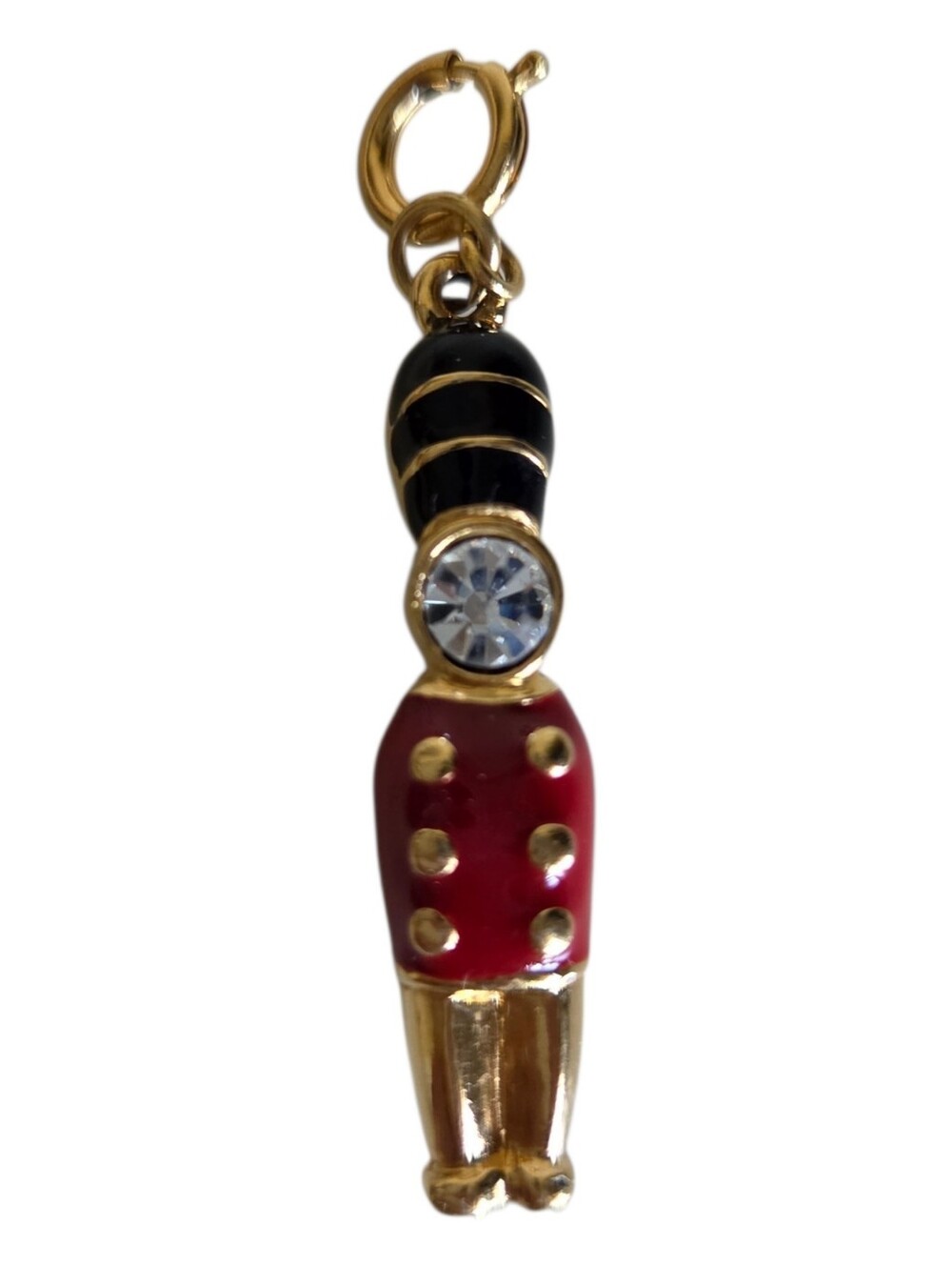 vintage monet gold tone enamel royal guard soldier charm rhinestone clip on